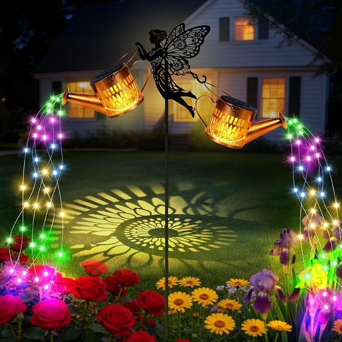 2 Pack Solar Watering Can Lights, Metal Solar Lights Outdoor Decorative with Fairy Silhouette Stake, Waterproof Hanging Lantern Garden Decor Light for Outside, Patio, Yard, Birthday Gifts, Multicolor