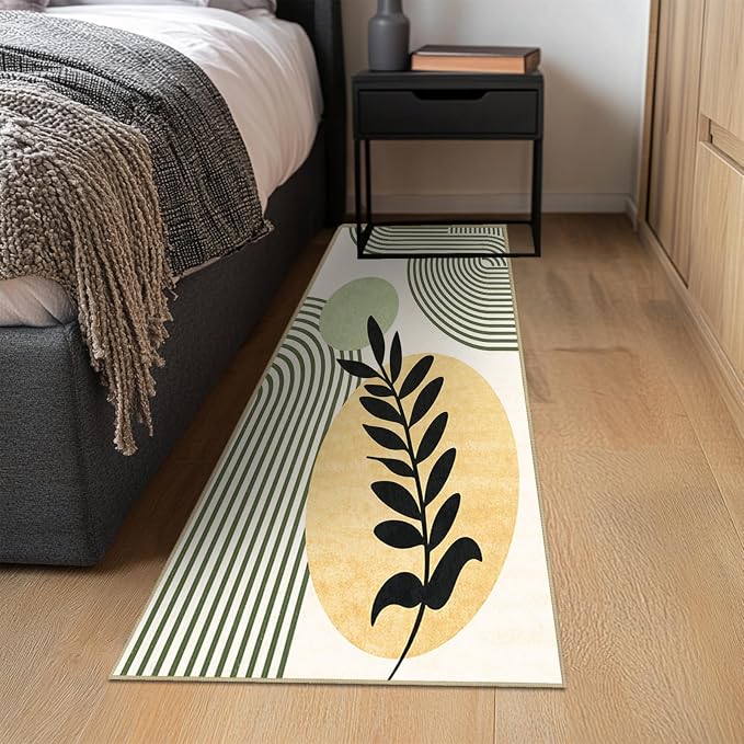Green Boho Rug 2x6 Hallway Runner Rugs Mid Century Modern Rugs | Washable Geometric Tropical Leave Rug Low Pile Non-Slip Abstract Long Carpet for Kitchen Bedroom Doorway Bathroom Laundry