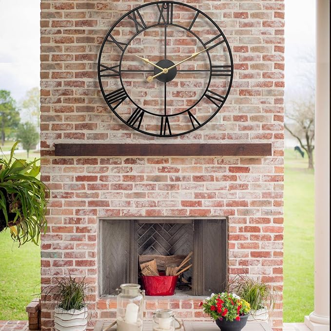 30 Inch Exact Large Outdoor Clock - Black Metal Waterproof Outdoor Clock for Patio, Pool Area, Porch, Garden, Deck - Battery Operated Gaint Vintage Farmhouse Decorative Wall Clock