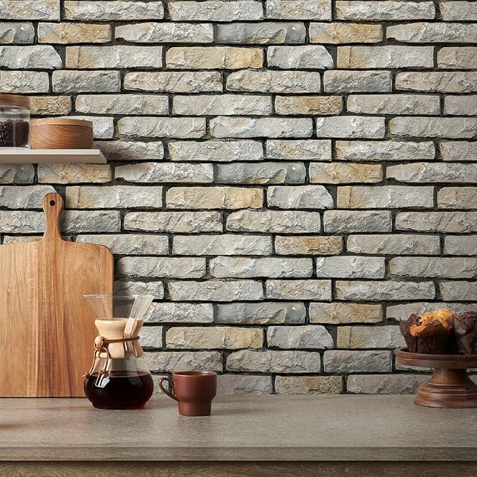 COMSTICKC 3D Stone Wall Panel Peel and Stick,12 Pcs of 22.8" x 11.8", DIY Lightweight PVC Stone Brick Textured Self Adhesive Wall Tiles Backsplash Interior Decor, Paintable, Covers 22.48 sq.ft