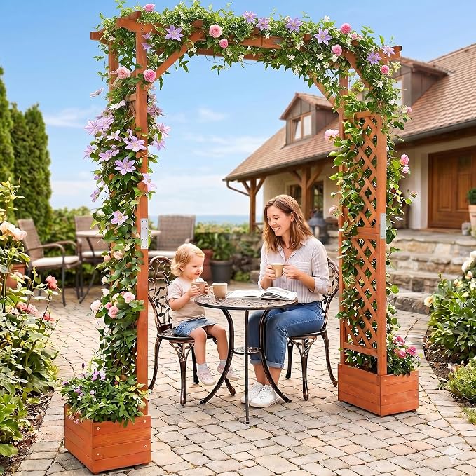 VINGLI Wooden Garden Arbor with Planter, Wedding Arch for Ceremony, Wood Garden Arbour Trellis for Plant Climbing, Pergola for Garden Backyard, Lawn, Outdoor (Dark Brown)