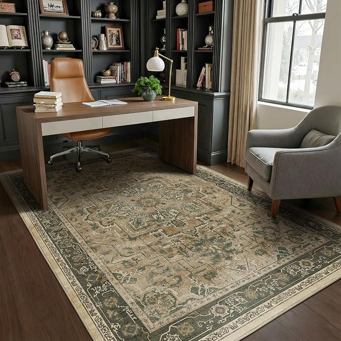 Vintage Distressed 5x8 Area Rugs for Living Room Bedroom, Low Pile Machine Washable Non Slip Dining Room Carpet Rugs for Under Table/Home Office/Kitchen, Multi Brown with Olive Accents