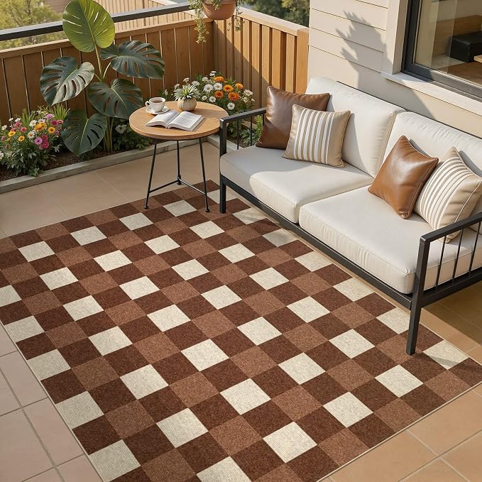 UERMEI 5x7 Outdoor Jute Area Rug Patio Neutral Washable Brown | Easy Non Slip Pet Friendly Indoor Farmhouse Carpet for Living Room Bedroom Dining Backyard