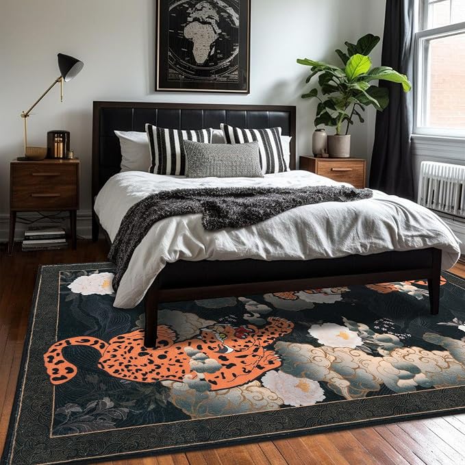 Tiger 8x10 ft Area Rug, Japanese Washable Rugs for Living Room, Large Soft Non Slip Ultra Thin Stain Resistant Floor Carpet for Home Office Bedroom, Black
