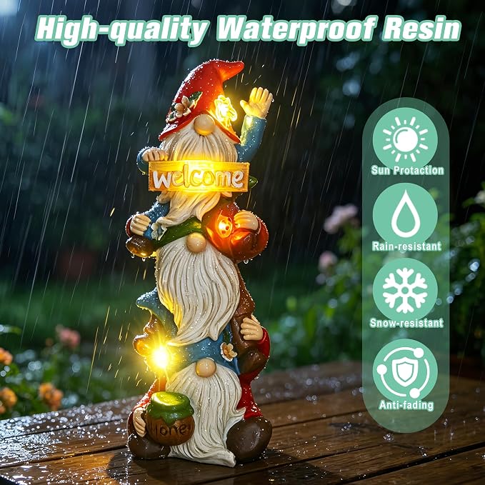 Garden Gnomes Outdoor Decor - Triple Stacked Gnome Statue with Solar Light - Weatherproof Resin Garden Decor for Outside Yard Lawn Patio - Unique Birthday Gift for Women Mom