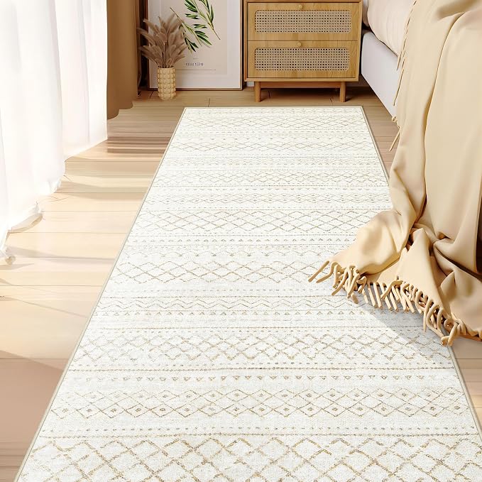 Runner Rug 2x5 Boho Geometric Area Rugs: Small Washable Kitchen Rug, Soft Non Slip Moroccan Long Hallway Rugs for Bedroom Bathroom Laundry Entryway Staircase Foyer(Beige,2X5)