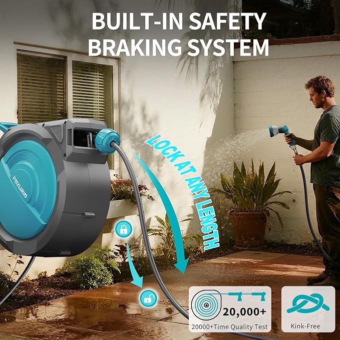 1/2" 110FT Retractable Garden Hose Reel, Wall Mounted Automatic Hose Reel with Upgraded 10 Pattern Nozzle/Any Length Lock/Slow Return System/180°Swivel Bracket, AquaBlue