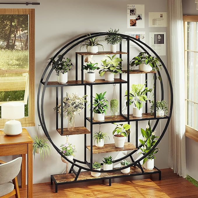 VINGLI Plant Stand with Grow Light, 63" Tall Plant Shelf Indoor with 5 LED Light, Large Tiered Plant Stand for Indoor Growing, Full-Moon Round Metal Display Shelves, Modern Flower Rack for Living Room, Balcony & Office, Black