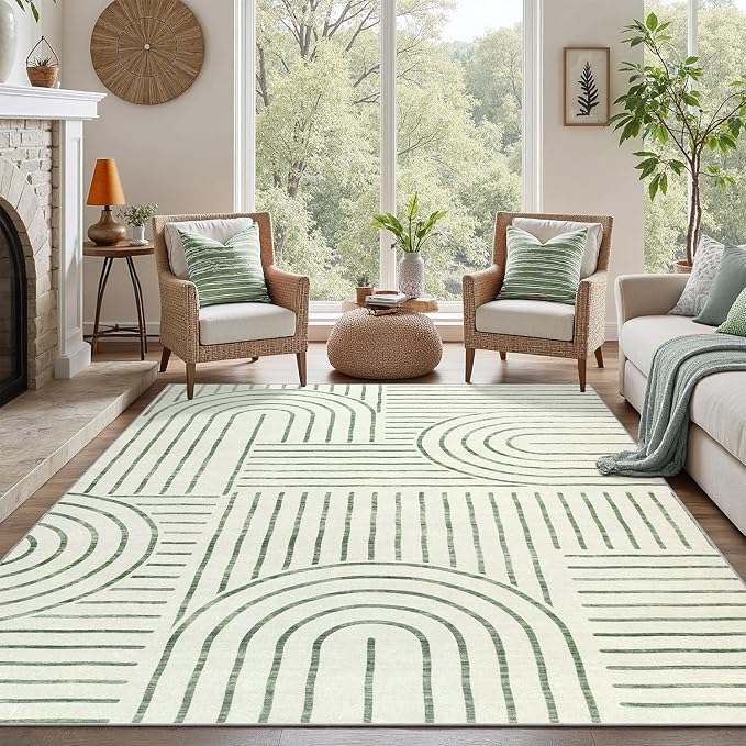 DCX Abstract Washable 5x7 Rug, Non Slip Low Pile Rug, Green | Rugs for living room, bedroom, dining room, office, soft, mid century modern rug, sain resistant indoor carpet, home decor