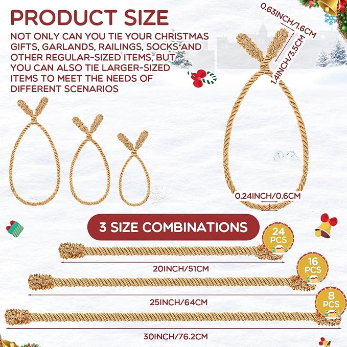 Zhengmy 48 Pcs Christmas Garland Ties Extra Long 30'' 25'' 20'' Gold Decorative Twist Tie for Banister Reusable Flexible Twist Tie for Garland Stairway Railing Home Xmas Holiday Decor