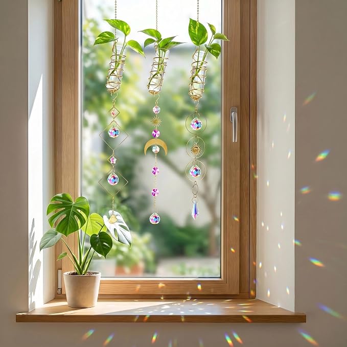 HDCRYSTALGIFTS 3pcs Crystal Suncatchers with Plant Propagation Tubes for Window Wall Hanging, Mini Flower Vase Glass Planter Stations for Hydroponics Home Garden Office Decoration Plant Lover Gift