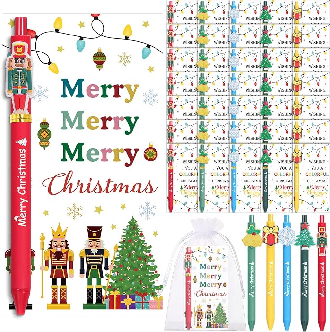 Marspark 60 Set Merry Christmas Gifts Bulk Christmas Ballpoint Pens and Greeting Cards Set with Bag Twist Ties for Employee Coworker Teacher Student School Office Home Party Favor
