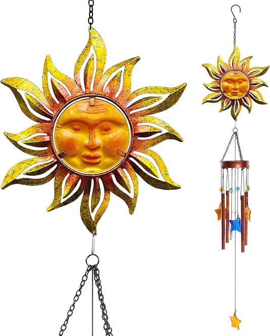 Sun Face Wind Chimes for Outside Decoration, with Star Shape Suncatcher | BVLFOOK; Wind Chimes; Hanging for Porch Patio Balcony Décor; 37 Inch; Aluminium Tubes; indoor & outdoor