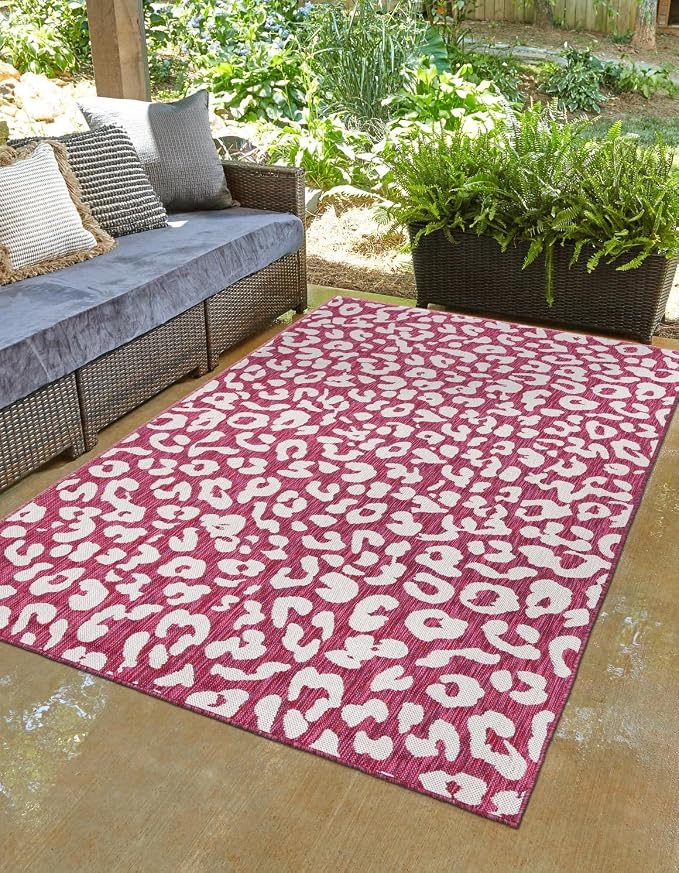 Unique Loom Outdoor Safari Collection Area Rug - Leopard (10' x 14' 1" Rectangle, Magenta/ Ivory)