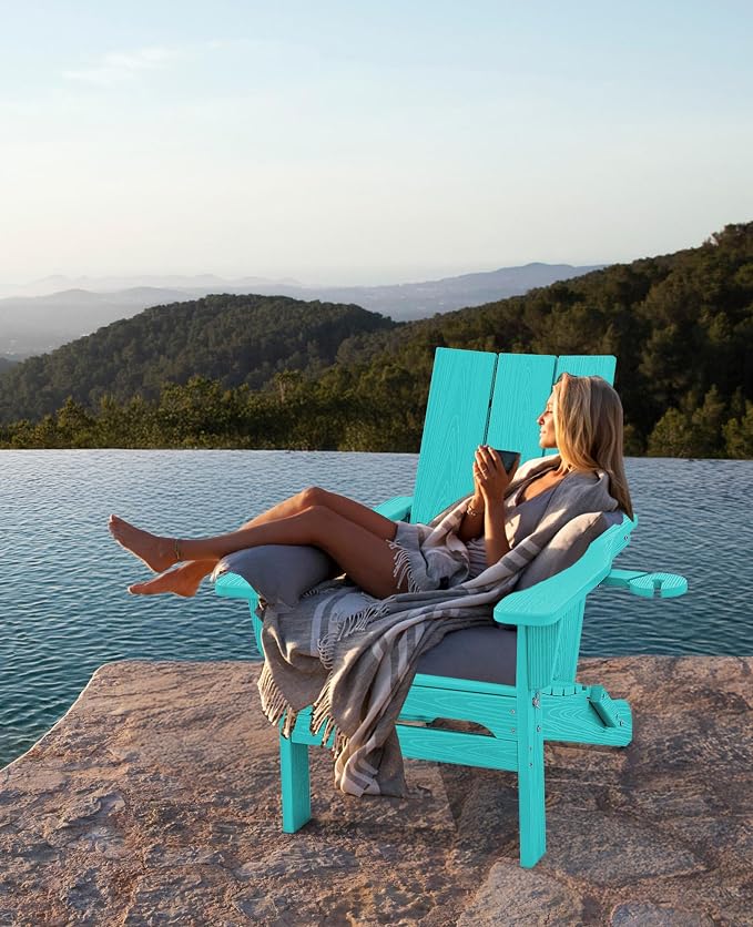 SERWALL Modern Folding Adirondack Chair Set with 9 Ft Umbrella, Folable Adirondack Chairs Set of 2 with Cup Holders, HDPE Fire Pit Chairs for Patio Lawn Garden, Teal (Umbrella Base is not Included)