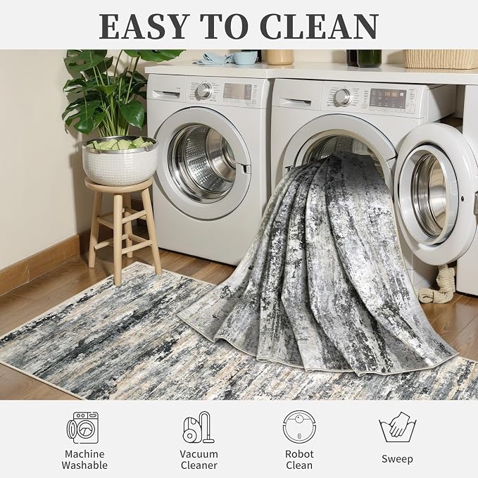 Tangsoo 2x3 Small Washable Rugs for Entryway, Abstract Modern Non-Slip Low Pile Soft Small Area Rug, Indoor Front Door Throw Rugs for Entry Entrance Kitchen Living Room Bathroom Home Decor Black Grey