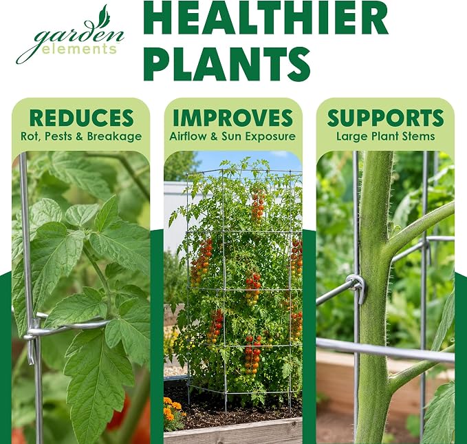 Garden Elements Square Tomato Cage, 40 Inch (Pack of 3) – Heavy Duty Galvanized Steel Plant Support, Collapsible Garden Trellis with 8-Leg Stability for Climbing Vegetables & Vines