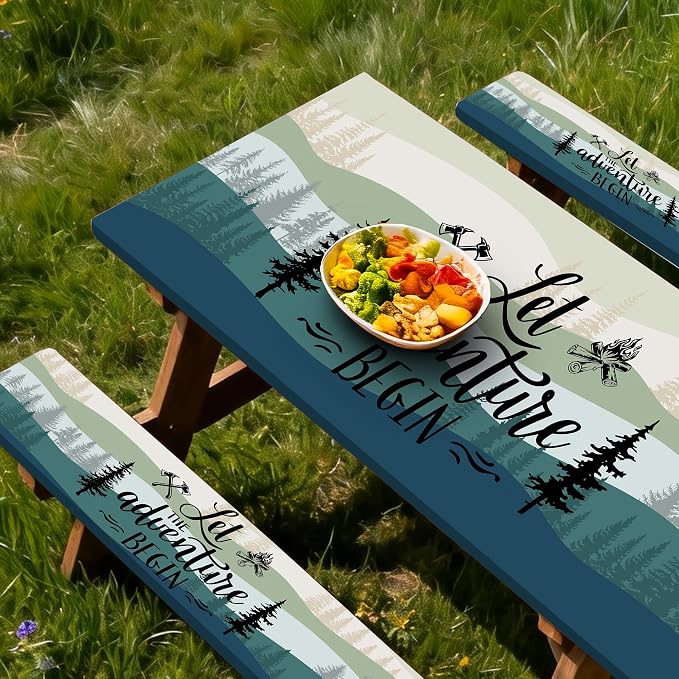 Picnic Table Cover with Bench Covers, Rectangle Tables, Waterproof Elastic Fitted Tablecloths for 6 Foot, Washable Tablecloth for Camping, Outdoor (Green, 30"x60")