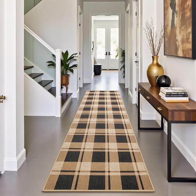 2x8 Checkered Jute Runner Rug for Kitchen Indoor Floor Area Carpet | Washable Jute Area Rug With Non-Slip Backing, Low-Pile Texture, Farmhouse Geometric Pattern In Neutral Brown/Black, Durable