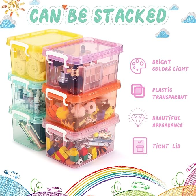 Wenqik 6 Pack Colorful Plastic Storage Bins with Lids 4 Quart Small Storage Latch Box Stackable and Nestable Clear Organizer Bins with Latching Handle and Buckle for Organizing(Colorful)