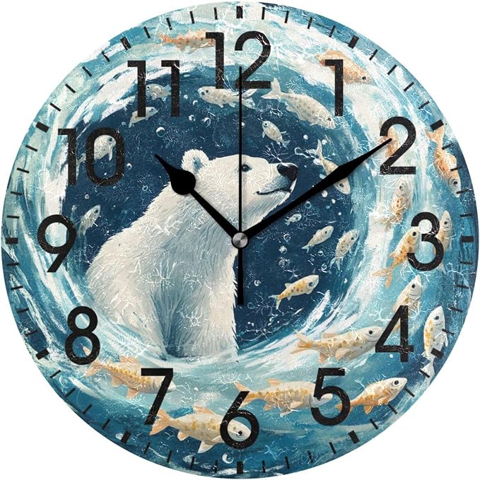 ALAZA Home Decor Polar Bear Fish Round Acrylic 9.84 Inch Wall Clock Non Ticking Silent Clock Art for Living Room Kitchen Bedroom