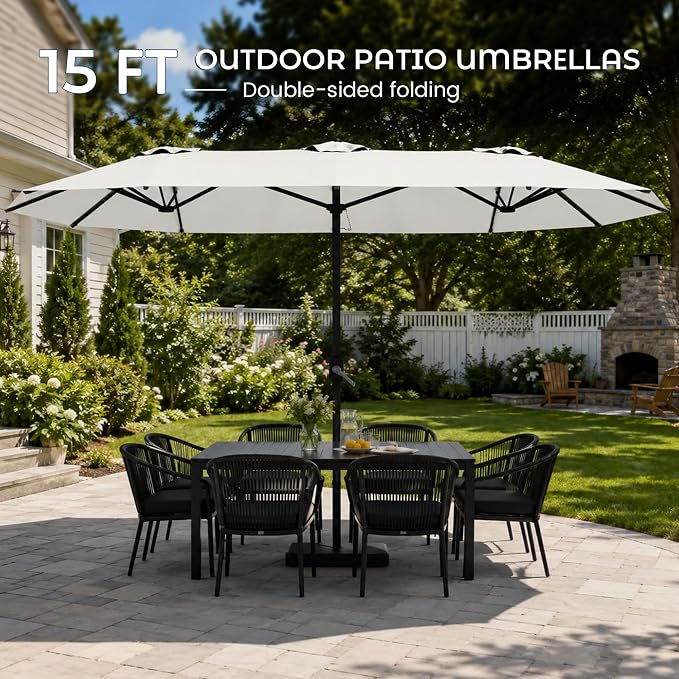 DomeShade Large 15FT Double Sided Patio Umbrella with Base Included,Rectangle Sun Shade for Pool,Deck,Backyard,Patio,Garden –Large White Outdoor Umbrella,Ivory