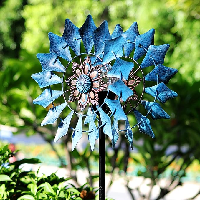 Solar Wind Spinner 75in Azure 360°Spin LED Crackle Glass Globe Garden Decor | 8H Working Color Changing Adjustable Height Upgraded 1.6cm Sturdy Metal Tool-Free Weatherproof Gift-Ready Color Box Packaging
