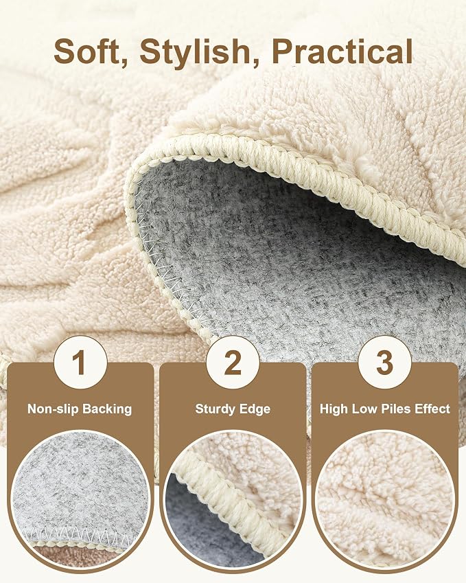 Carvapet 6.5ft Round Geometric Rug Beige Washable High Low Pile Carpet | Soft plush textured rug with non slip backing for living rooms, bedrooms, nurseries and cozy indoor spaces