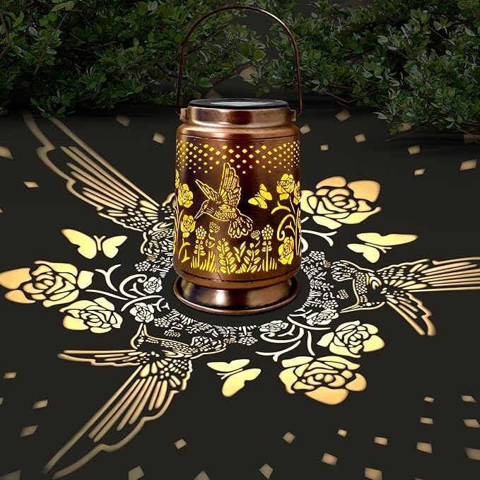 KY&BOSAM Rose Hummingbird Solar Lanterns Outdoor Waterproof Garden Decor | Retro Appearance ,Old Gold Color Metal Hanging Solar Lights Gifts for Women Mom Grandma Outside for Yard,Patio,Backyard,Porch