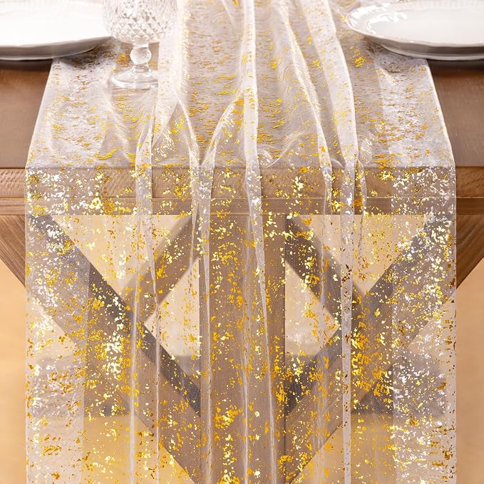 Socomi Gold Table Runner Gauze Tulle Ivory White Sheer Glitter Metallic Foil Chiffon Cheesecloth Sequin 10FT Wedding Birthday Party Dining Anniversary Holiday Centerpiece Table Decor