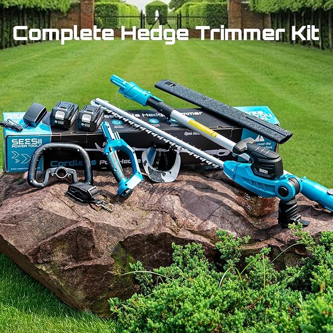 SEESII Pole & Cordless Hedge Trimmer 2-in-1: Electric Bush Trimmer with 20" Dual-Action Blade - 2 x 4000mAh Batteries, Telescopic Pole, Adjustable Rotating Head, Handheld Hedge Cutter for Tree Shrubs