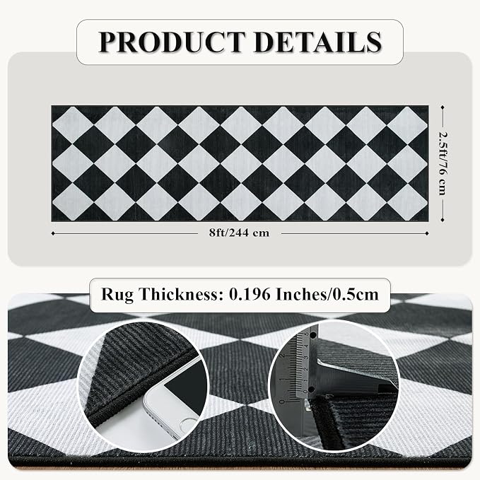 Beeiva Checkered Print Runners for Hallways 2.5x8, Ultra Thin Black Kitchen Runners Non Skid Washable 8 ft, Modern Diamond Stain Resistant Low Pile Carpet for Bathroom Entryway Bedroom Laundry