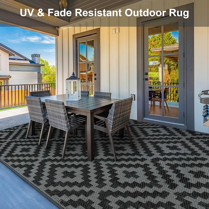 Outdoor Patio Plastic Straw Rug - 9x18 ft Outdoor Camping Rug Waterproof Reversible, Area Carpet Patios RV, Outside Porch Balcony Deck for Camper, Black & Grey