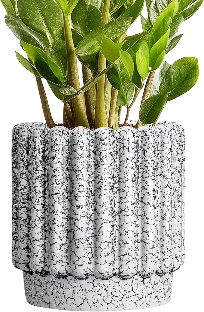 Ceramicfor Ceramic Planter, 7.6 Inch, Black and White | Drainage Hole, Round Flower Pot, Fluted Design, Indoor/Outdoor Use