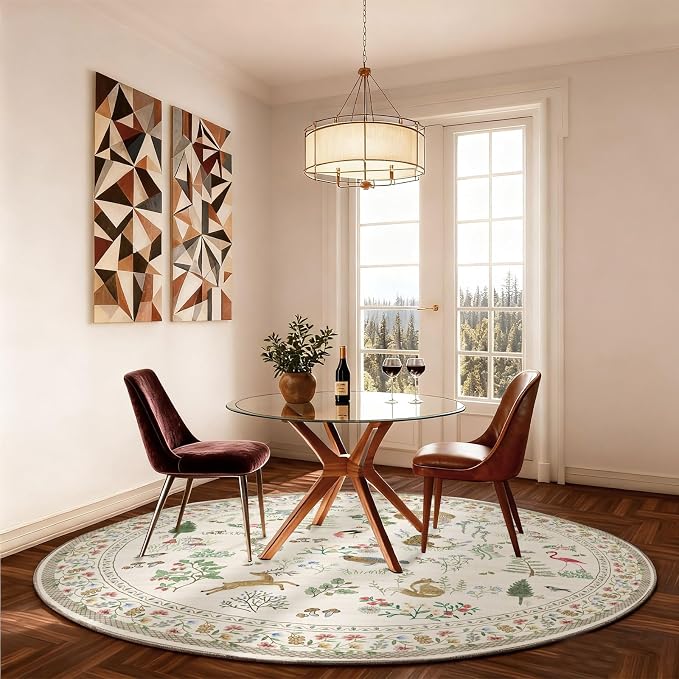 Washable Round Rugs for Bedroom 4ft: Living Room Rug Stain Resistant Non Slip Low Pile Ultra Soft Faux Wool Small Circle Rugs for Entryway Kitchen Nursery Bathroom Entrance Dorm Home Office Indoor