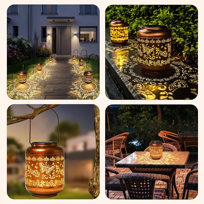 Birthday Gifts for Women Mom Grandma - Butterfly Solar Lanterns Outdoor Waterproof Copper Metal Hanging Solar Lights for Yard Garden Ornament Decor Gardening Gifts for Her