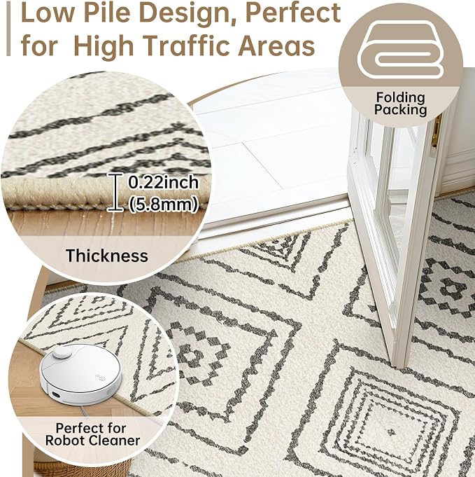 2'x6' Washable Area Rug for Living Room Runner White Black | Soft Western No Slip Low Pile Print Foldable Indoor Small Rug for Kitchen entrance entryway hallway
