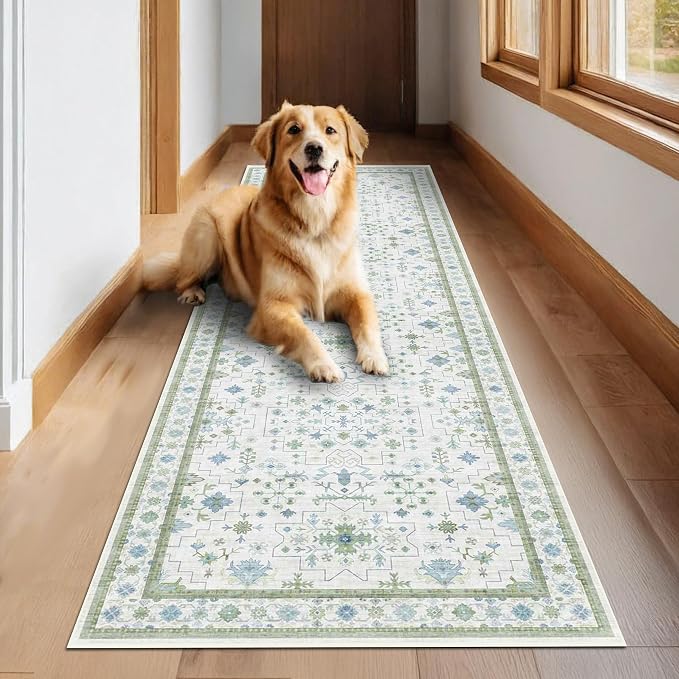 Turkish 3x8 Wide Hallway Runner - Cream Green Oushak Boho Floral, Washable Low Pile Non Slip Stain Resistant Rug for Kitchen, Bathroom, Hall Way