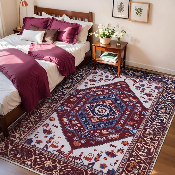 SERISSA 3x5 Washable Non Slip Boho Area Rug for Bedroom | Ultra Soft Vintage Oriental Carpet Low-Pile Burgundy Navy Throw Rug Carpet for Entry Living Room Nursery Kitchen Dorm Decor
