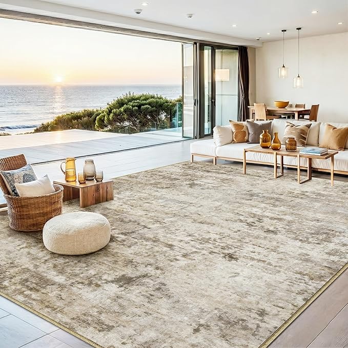 5x7 Area Rugs Washable Living Room Rug Non Slip Soft Carpets | Modern Abstract Indoor Floor Stain Resistant Carpet for Bedroom Dining Room Farmhouse Nursery Home Office Tan