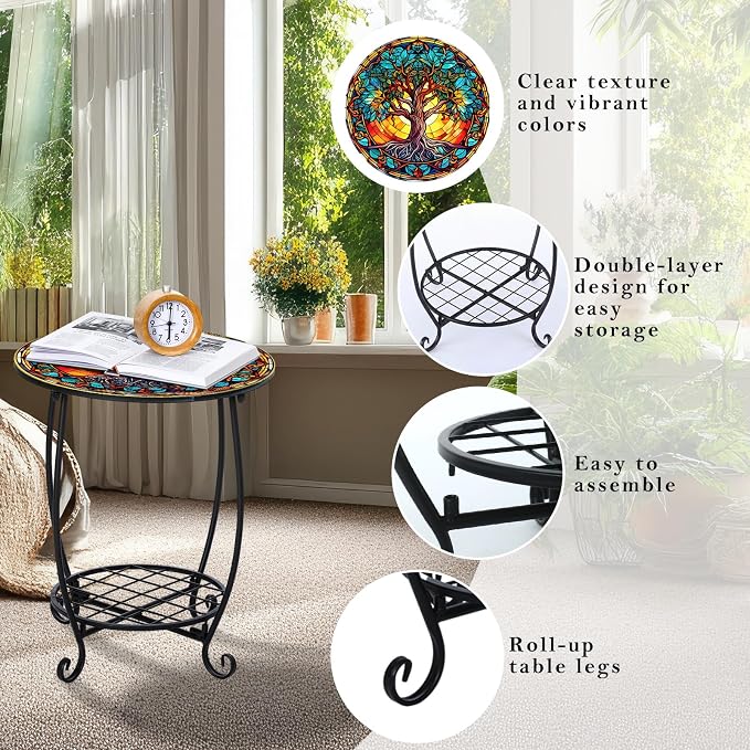 Cinnvoice Outdoor Side Table Round Small Mosaic Patio Accent Indoor End Plant Coffee Tea Table for Yard Patio Porch Garden Living Room, Bedroom(Tree of Life Style,16 Inch)