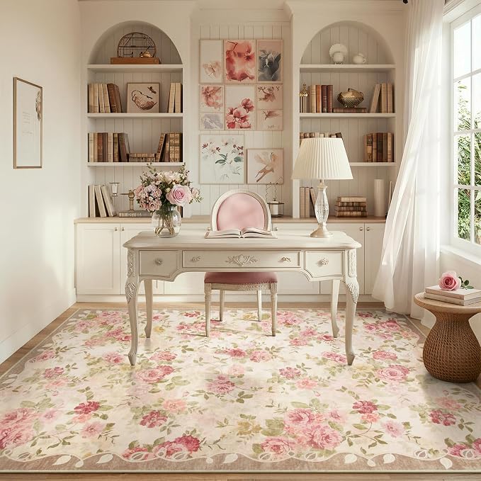 Lahome Vintage Floral 8x10 Area Rugs,Pink Large Living Room Rugs | Machine Washable, Low Pile Pink Rugs for Bedroom Girls Carpet for Nursery Rug Playroom Dining Room Nina(8'X10',Beige)