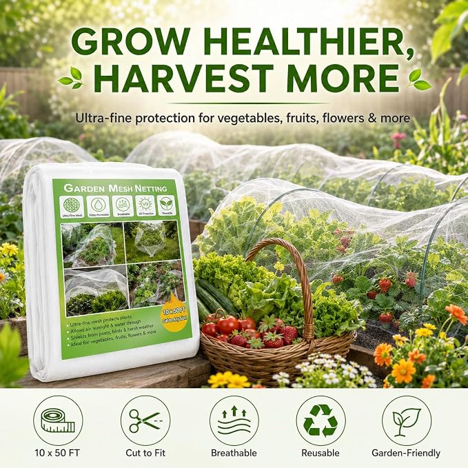 HOOPLE Garden Netting 10 FT x 50 FT, Ultra-Fine Mesh Plant Cover, Bug Netting for Garden, Insect Pest Barrier Row Cover for Vegetables, Fruits & Raised Beds, Lightweight Breathable Garden Mesh Netting