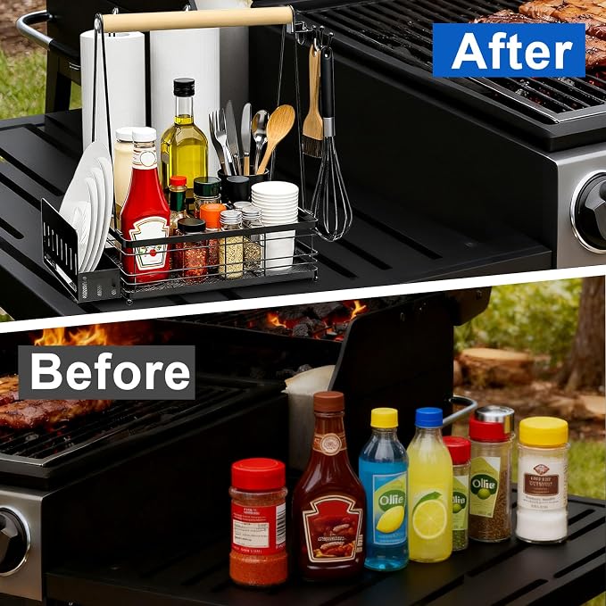 Grill Caddy with Plate Holder and 2Paper Towel Holder, Picnic BBQ Condiment Utensil Organizer Caddy for Outdoor Cooking, RV, Camping Essential, Camper Must Haves, Grilling Gifts