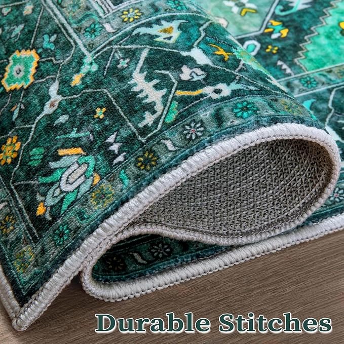 SERISSA 2x4 Washable Non Slip Boho Runner Rug for Entryway，Teal | Ultra Soft Vintage Oriental Carpet Low-Pile Tribal Entrance Carpet for Kitchen Bedroom Hallway Laundry Room Bathroom
