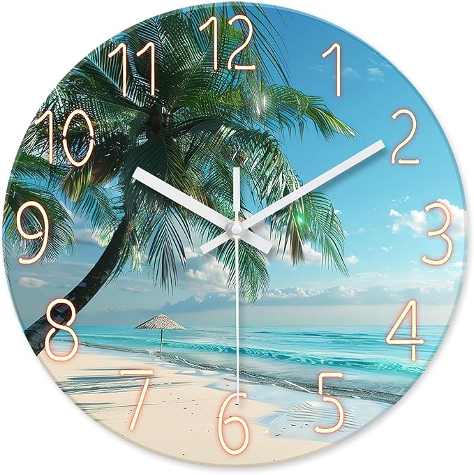 XFM Blue Beach Wall Clock 14 Inch Tropical Palm Tree | Silent Non-Ticking Battery Operated Modern Glass Coastal Nautical Round Decorative for Living Room Kitchen Bedroom Office