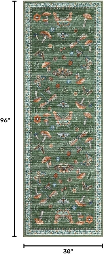 2.5x8 Runner Rug for Hallway Washable Kitchen Rugs Non Slip with Rubber Back Mushroom Soft Low-Pile Stain Resistant Foldable Indoor Carpet for Entryway Laundry Room Floor Mats Green