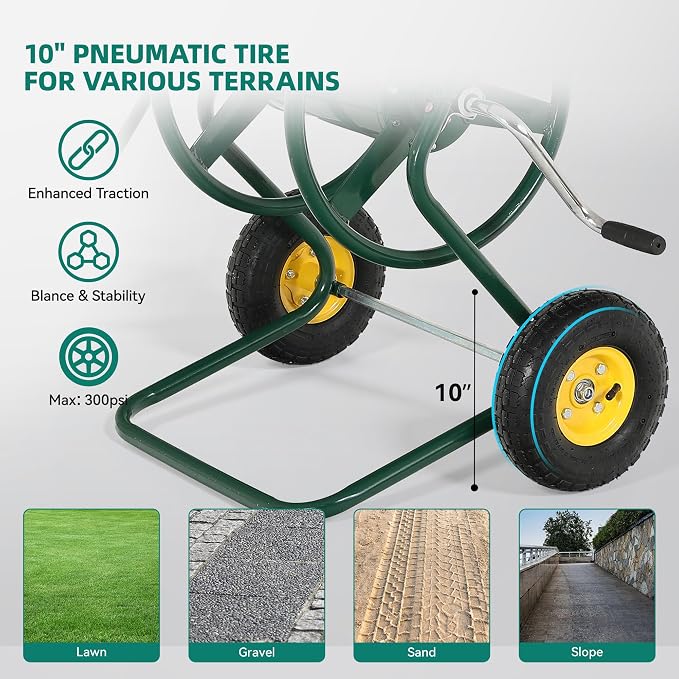 Hose Reel Cart, 250FT 5/8" All-Terrain Mobile Water Hose Truck, Heavy-Duty Rust-Proof Iron Frame Industrial Garden Cart for Outdoor Lawn Yard & Car Washing