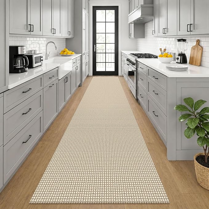 KOZYFLY Cotton 2.5'x12' Runners Rugs for Hallway, Long Washable Runner Rug, Woven Non Slip Kitchen Runner, Braided Entryway Rug, Floor Carpet for Entry, Aisle, Hall, Ivory/Camel/Brown