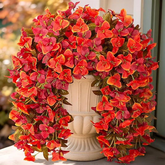 INXUGAO 2 pcs Artificial Faux Bougainvillea Fall Flowers Plants for Outdoor Outside Decoration, Fake Silk UV Resistant Long Trailing Vines for Front Door Porch Planter Balcony Decor